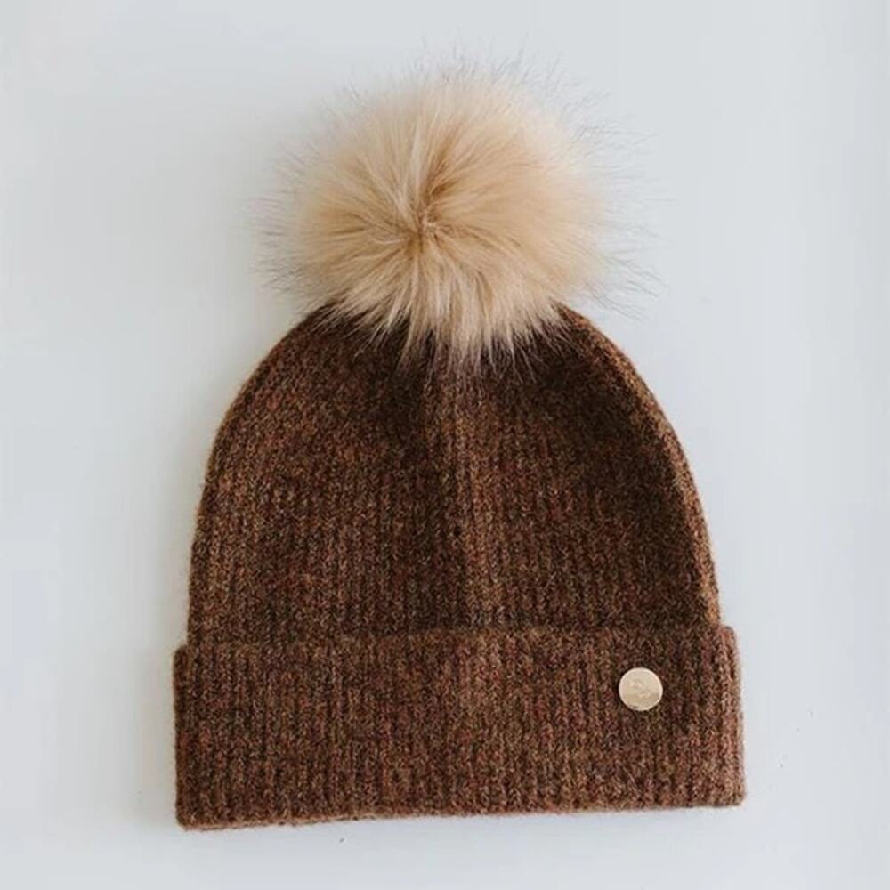 NWT Gigi Pip Brown Milo Kids Youth Wool Blend Beanie Cream Faux Fur Pom Pom